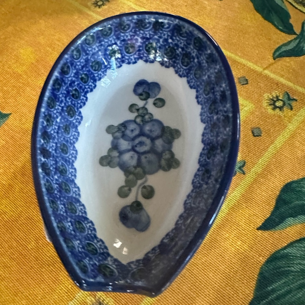 NWT Polish Pottery 5" Spoon Rest in Blue Poppies Pattern
